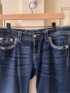 Miss Me Dark Blue Low-Rise Bootcut Jeans with Contrast Stitching
